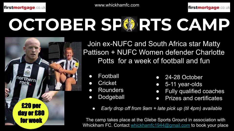 🚨OCTOBER SPORTS CAMP🚨 We are delighted to announce @NUFCWomen footballer @Charl23Potts will be joining former @NUFC player @matty_pattison during our 5-day sports camp. £20 pd/£80 pw for non members. Current members will receive discount. DM us to book your child’s place📱