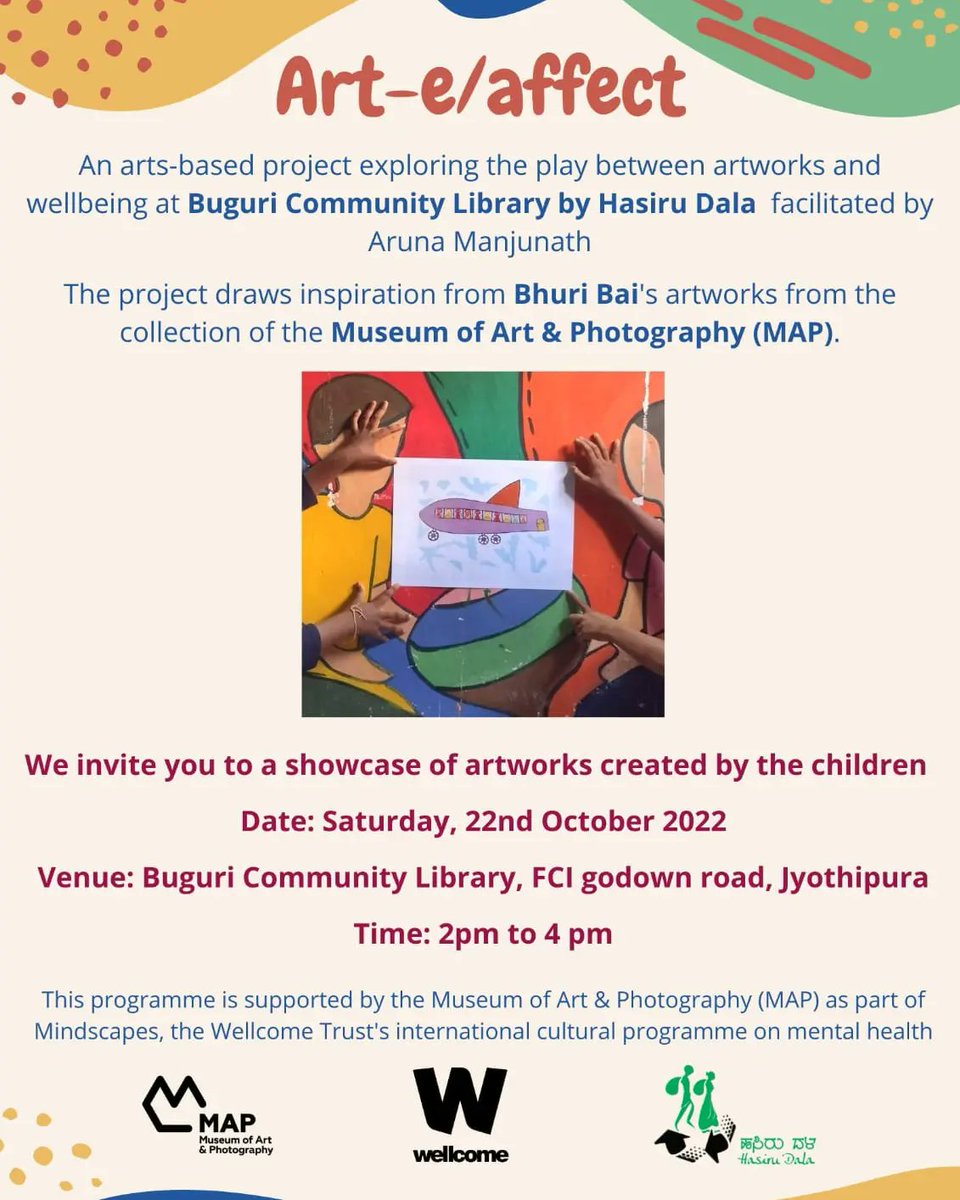 Hasiru_Dala's tweet photo. We invite you to a showcase of Art-e/affect : An arts-based project exploring the play between artworks and wellbeing at #Buguri Community Library by Hasiru Dala.
Date: Saturday, 22nd October 2022
Venue: Buguri Community Library, FCI godown road, Jyothipura
Time: 2pm to 4 pm https://t.co/SEjKN4l8zZ