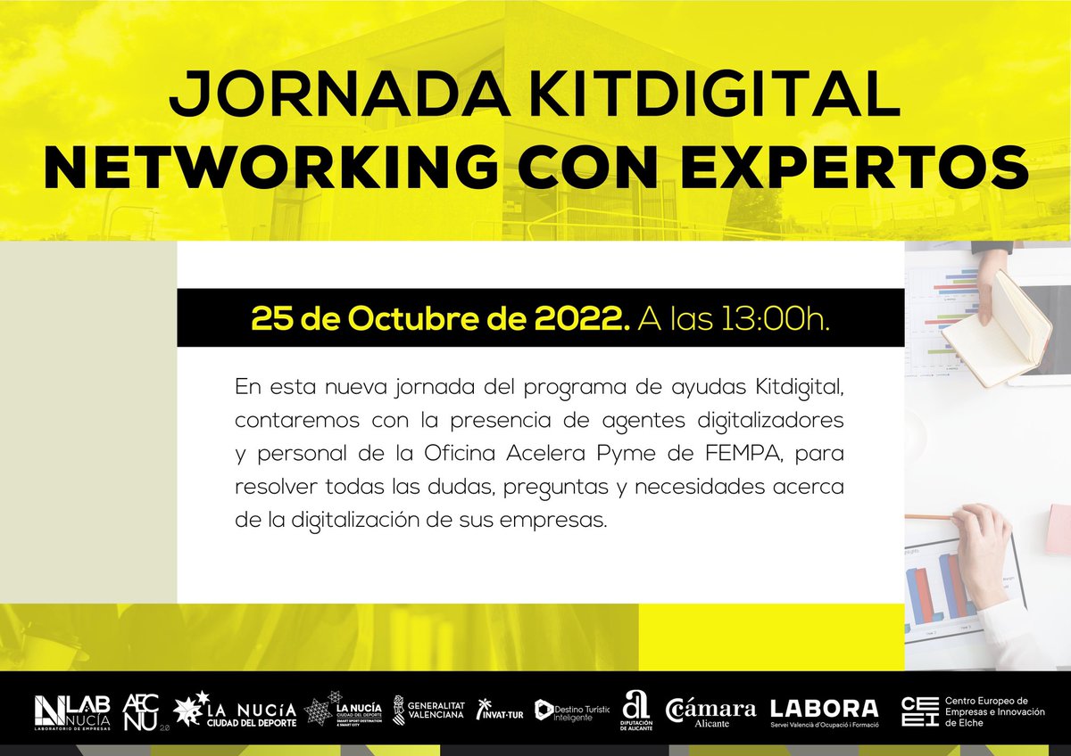 LabNucia's tweet photo. 📣📣El próximo miércoles 25 de octubre, celebraremos en el #LabNucia la “Jornada #KitDigital, Networking con Expertos”.🔝🔝
✅ Contaremos con la presencia de agentes digitalizadores y personal de la oficina @Acelerapyme de @FEMPAlicante.
#MadeByLaNucia
➕ https://t.co/ezqSukAGdc https://t.co/jg4Fgv8O8S
