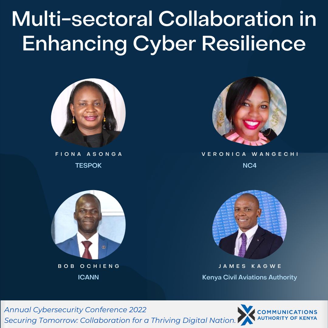 TESPOK_KENYA's tweet photo. Join @Fion10 as she leads a panel discussion on Multi-Sectoral Collaboration in Enhancing Cyber Resilience ..@OmondiBob @ICANN @CAA_Kenya @Eveminet_Ke @WatotoWatchNet @VincentNgundi @CA_Kenya #CAcyberconference22 https://t.co/UdGwgdB59R