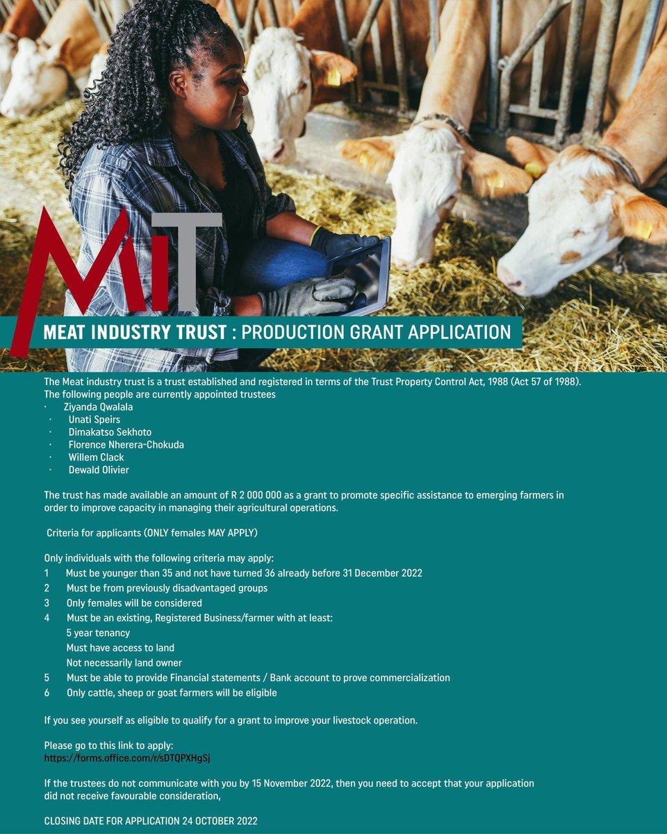 The Meat Industry Trust of South Africa has a grant available to assist existing young Black Female Farmers to grow their business and increase their production output into the South African Market. Please read the criteria below and if eligible apply at forms.office.com/r/sDTQPXHgSj