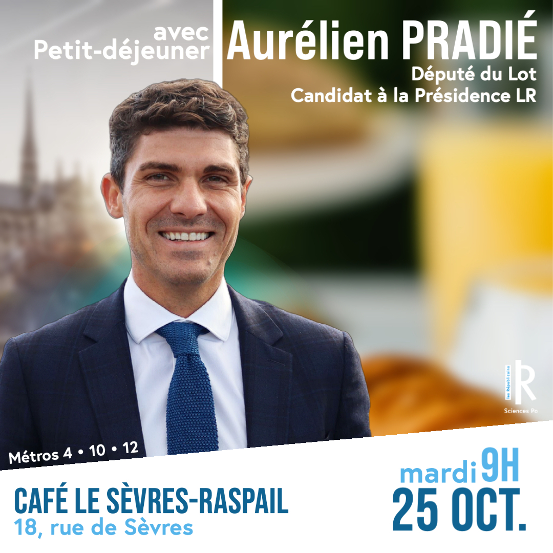 ☕️ Mardi 25 octobre à 9h, LR Sciences Po reçoit @AurelienPradie, député du #Lot et candidat à la Présidence @lesRepublicains. Venez partager un temps d'échanges autour d'un petit-déjeuner au #SevresRaspail ✅ Inscriptions : linktr.ee/lesreps_scpo