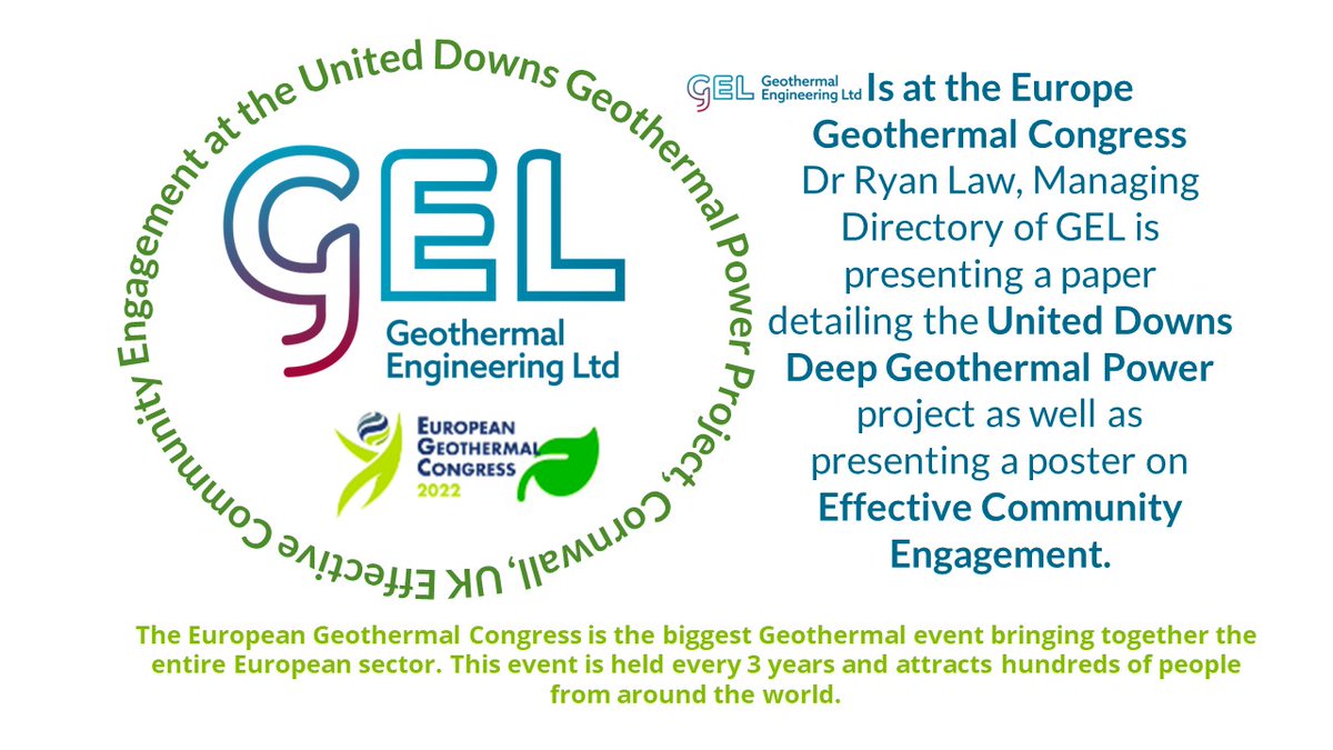 Geo_Projects's tweet photo. Every 3 years the #European #Geothermal #Congress is held. @GELtd MD Dr Ryan Law is presenting a paper detailing the #UnitedDowns Geothermal #Power project and a poster on #Community Engagement. Want to know more about GEL? take a look at the website https://t.co/SSPZk9eVf6 https://t.co/PMYQWxOex8