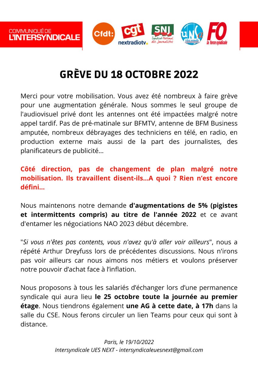 Voici le communiqué de l'intersyndicale faisant suite à la grève d'hier. Bravo à toutes celles et ceux qui se sont mobilisés, RDV le 25 !

<a href="/SNME_CFDT/">SNME CFDT</a>  <a href="/SNRT_CGT_AV/">SNRT CGT AUDIOVISUEL</a> <a href="/SnjCgt/">SNJ-CGT (rejoignez-nous !)</a>  <a href="/SNJ_national/">SNJ - premier syndicat de journalistes</a> <a href="/UnsaCom/">UNSa Com</a> <a href="/force_ouvriere/">force_ouvriere</a>