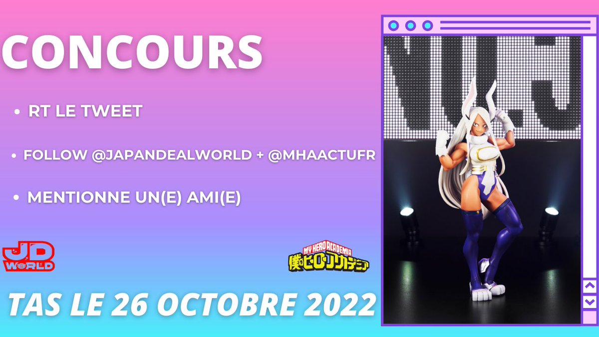 🎁CONCOURS🎁

Le site jdworld.fr me permet de vous offrir cette magnifique figurine de Mirko dans #MyHeroAcademia !🥳

Pour tenter de la remporter rien de plus simple:
🔁RT le tweet 
➡️Follow @japandealworld &amp; <a href="/MhaActuFR/">My Hero Academia FR - Saison FINALE le 4 octobre</a> 
👫Mentionne un(e) ami(e)

TAS le 26/10.