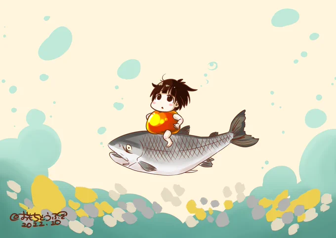 今日も一日お疲れさまでしたひなみちゃん&海や川のお友だちシリーズ秋編今日はイクラのコスチュームを着て、お母さん役の鮭さんと一緒にすいすいすい〜(*'-`)ノノ気持ちはすっかりプリンセスサーモンのひなみちゃんでした#イラスト #鮭 #いくら #こども 