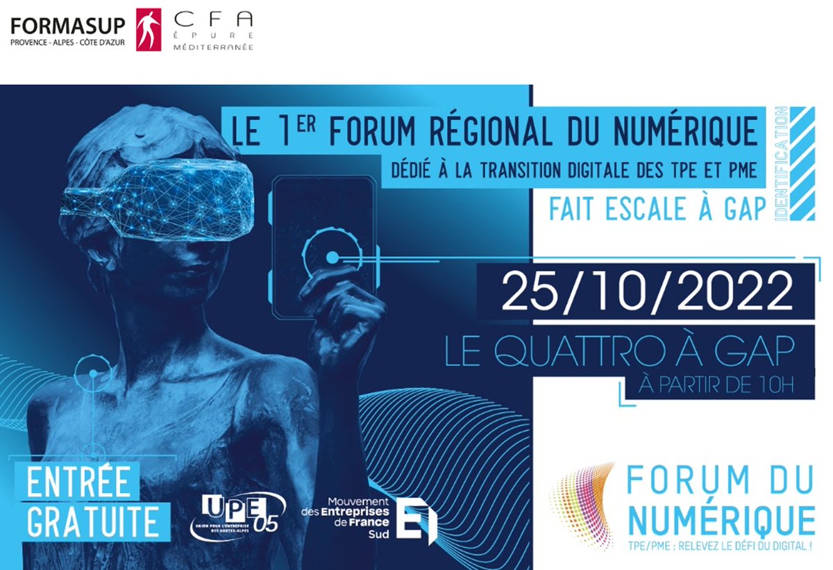 MEDEF_Sud's tweet photo. #FDNumSud J-6 !

🤝 #FORMASUP PACA #partenaire de la 4e édition du Forum du Numérique Sud le 25/10 à #Gap !

À retrouver ➡400 visiteurs, +40 exposants, 20 ateliers, +30 intervenants, restauration champsaurine...

Inscription visiteur 👉 https://t.co/cki5kNwt6C

#CFA #digital https://t.co/Stn2nHrObI