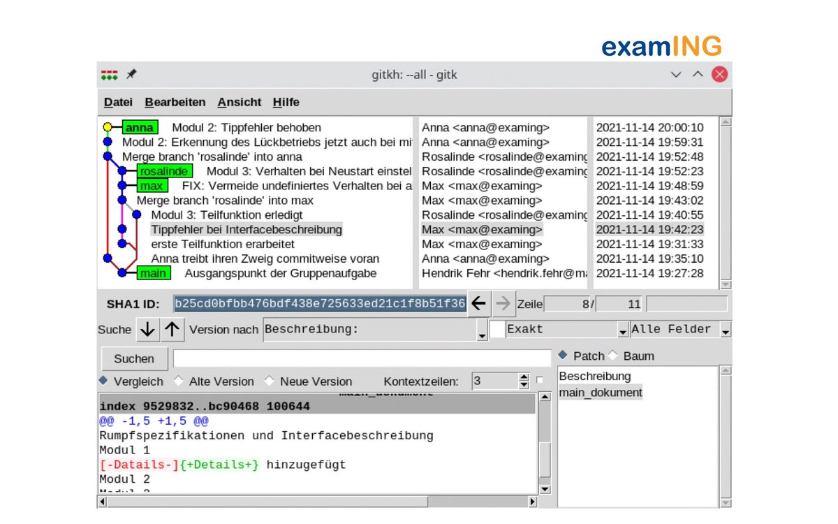 Vorstellung Fakultätsprojekt: Kollaboratives Arbeiten mit Git als digitales Prüfungskonzept.
Erfassen individueller Prüfungsleistungen im Rahmen von Programmieraufgaben in Kleingruppen, objektive Beurteilung auf Basis der Quelltext-Geschichte.
<a href="/TU_Ilmenau/">TU Ilmenau</a> <a href="/inno_lehre/">Stiftung Innovation in der Hochschullehre</a> #examING2021