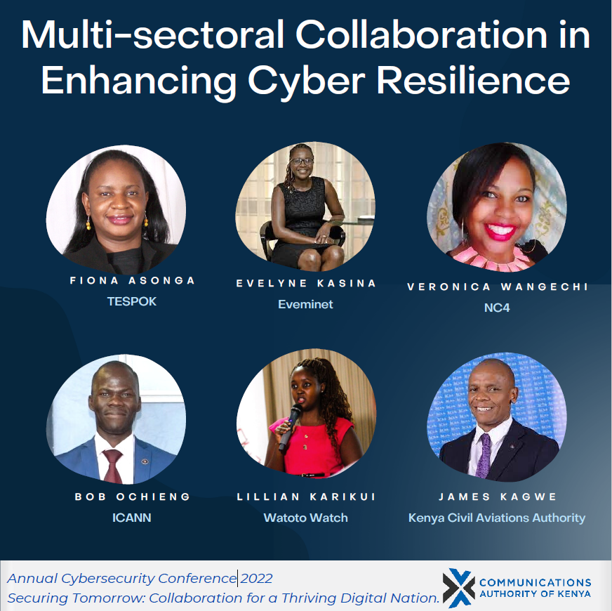 KeCIRT's tweet photo. On to our 2nd Panel discussion, led by; Mrs. Fiona of @TESPOK_KENYA, Ms. Veronica of NC4, Mr. Bob of @ICANN, Mr. James of @CAA_Kenya, Ms. Evelyne of @Eveminet_Ke, Ms. Lilian of @WatotoWatchNet and Dr. @VincentNgundi of @CA_Kenya
#CAcyberconference22 https://t.co/6pJI8x2Dy3
