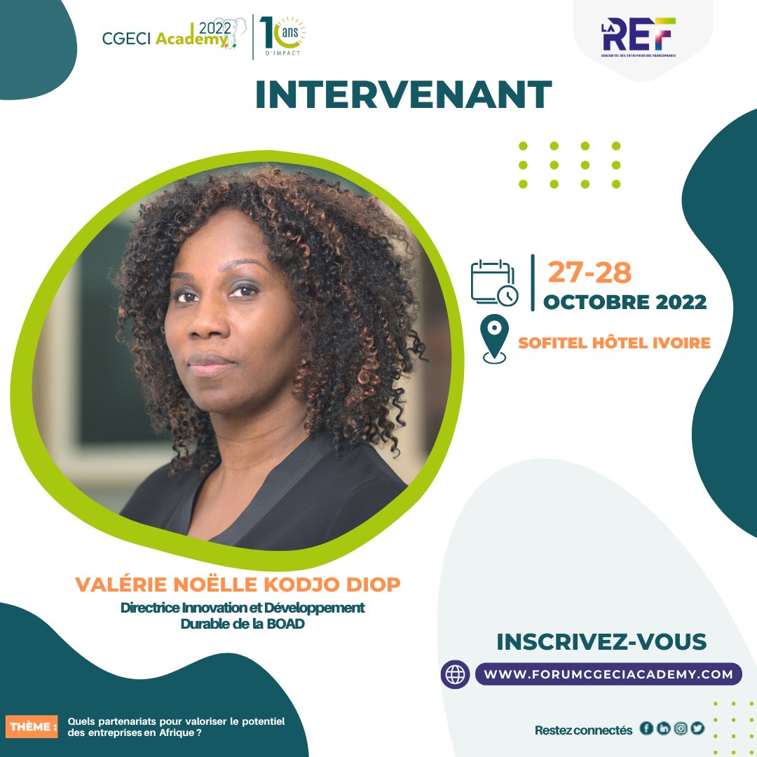 cgeci_academy's tweet photo. ILS SERONT PRÉSENTS ! 
⚠️#Décideurs, #dirigeants, #CEO, #YCEO, entrepreneurs,
Rendez-vous les 27 et 28 octobre, aux côtés d’illustres personnalités de la #francophonie et du monde des affaires francophone et d’ailleurs, pour le Forum conjoint « #CGECIacademy2022 -#LaREF22 » ! https://t.co/s8VZXOygKU