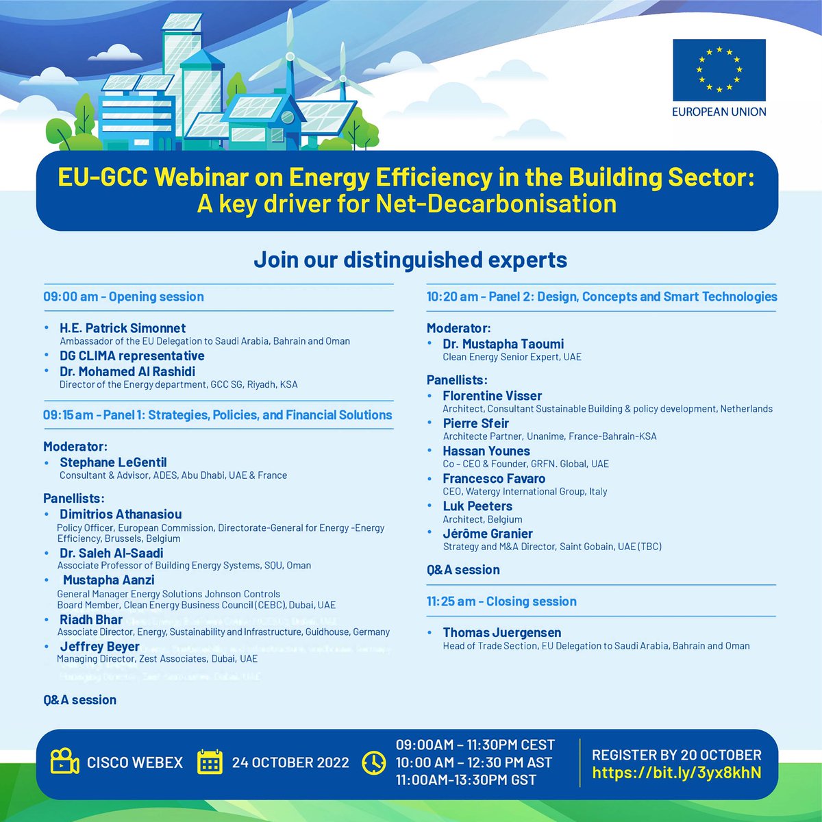 EUintheUAE's tweet photo. 📢 Last chance to register for our 🇪🇺 EU-GCC Webinar on #EnergyEfficiency in the building sector: "A key driver for Net-Decarbonisation."
➡️ Register today to join this timely discussion as part of our global #EUClimateDiplomacyWeeks.
🔗 https://t.co/veyTFCSLdK https://t.co/SsiyPX9h2r