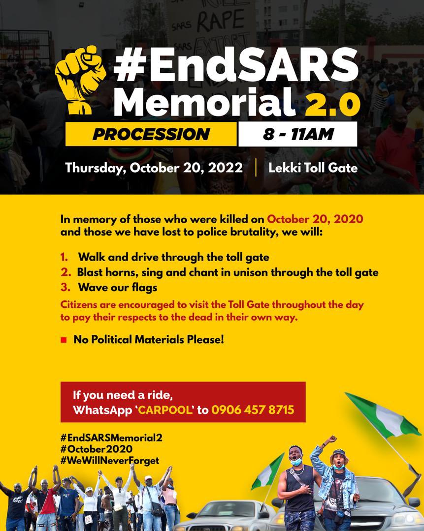 mrmacaroni's tweet photo. Peaceful Walk tomorrow in honor of all #EndSars and Police Brutality Victims!!! 
We no go fit ever forget!!!! ✊🏿 https://t.co/s1lHEggqYi