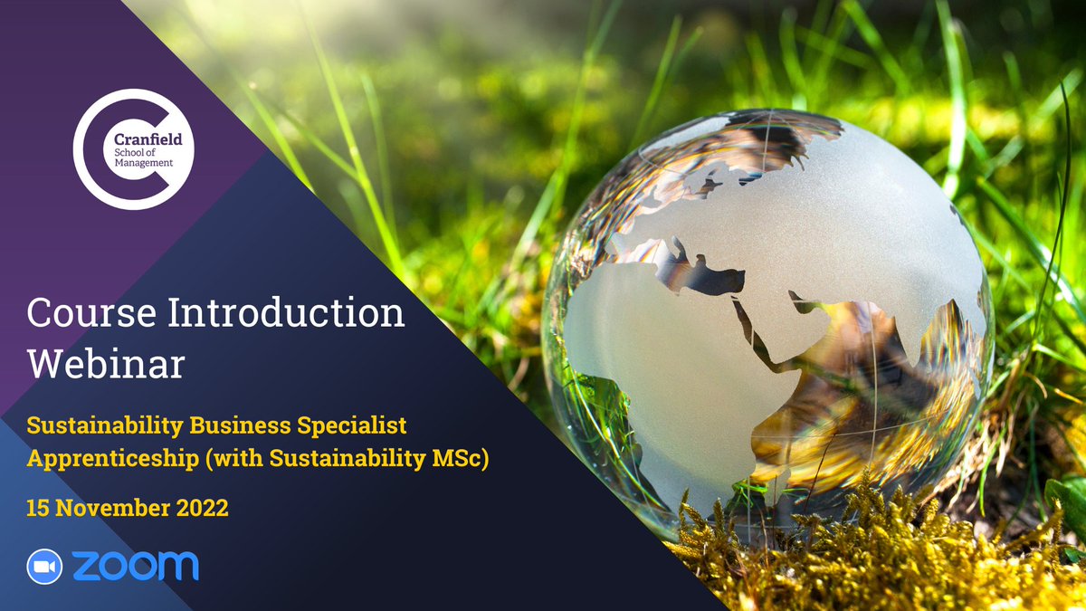 🌐 Introduction to our Sustainability Business Specialist Apprenticeship (with Sustainability MSc)

📅 15 November
🕛 12pm

Find out about <a href="/cransustgroup/">Cranfield Sustainable Business Group</a>, the programme and how it will enable you to improve your organisation’s sustainability performance:

bit.ly/3B87xDC