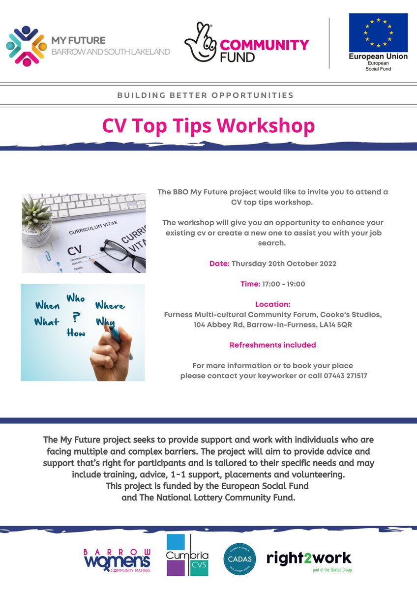 Furness Multicultural Community Forum (@forumfurness) on Twitter photo We are delighted to have CVS with us tomorrow at women's group. They will deliver a CV top tips session to our participants. If you have any queries or want to book your place for the CV top tips session tomorrow please contact us 07849933634 info@furnessmulticultural.org.uk We are delighted to have CVS with us tomorrow at women's group. They will deliver a CV top tips session to our participants. If you have any queries or want to book your place for the CV top tips session tomorrow please contact us 07849933634 info@furnessmulticultural.org.uk