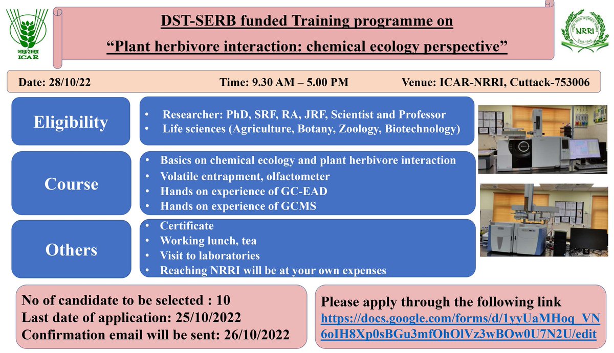 bg4099's tweet photo. DST-SERB @serbonline funded training programme on Chemical ecology for life science researchers on 28th October at ICAR-NRRI, Cuttack @RiceIcar @totanadak @imguru_5 @Jabajagdish @shivanna_Entomo @ShashankPathour @niserbbs @IITBhubaneswar https://t.co/IYnYu9iXgd