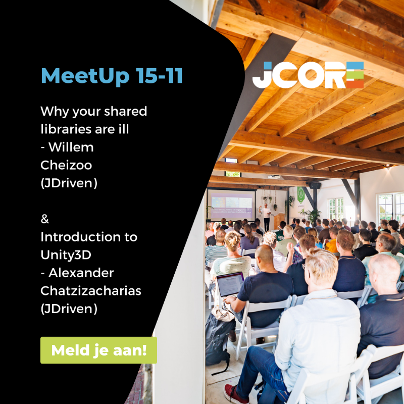 JCore_nl's tweet photo. Op 15 november organiseren we onze volgende #MeetUp, met een gevarieerd programma! @alex90_ch geeft een spoedcursus #Unity3D en @willem_hetzijzo bespreekt 5 gewoontes voor het ontwikkelen van een goede shared library. Meld je aan: https://t.co/DwN0Jk9kvZ