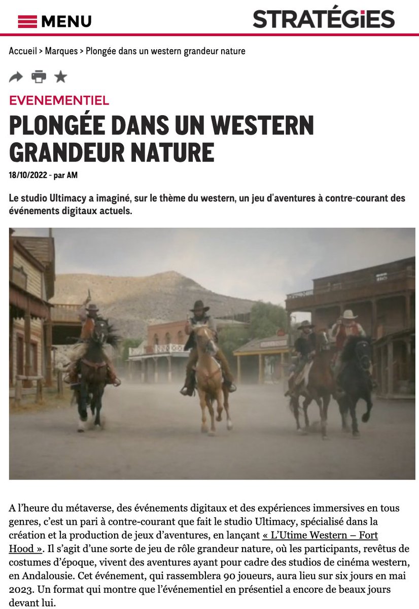 ultimacylive's tweet photo. Merci @Strategies d’avoir partagé cette news @ultimewestern ! On assume : nous sommes un "réel" ovni dans cette période axée sur le virtuel... On croit à l'#immersion "à vivre pour de vrai" : une conviction confirmée par les retours d’#expérience de nos participants !😉 https://t.co/Avrf4ZuZfj