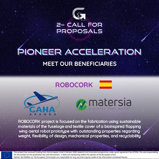 GALACTICA_EU's tweet photo. Meet ROBOCORK, #PioneerProject: 

@GAHA_ARANDA &amp; Matersia, developed sustainable materials of the fuselage and textile cover of a bioinspired flapping wing aerial robot prototype.

#textile #aerospace #advancedmanufacturing #Innovation #innosup @EU_EISMEA @EU_Growth https://t.co/rCzF2p4zTo