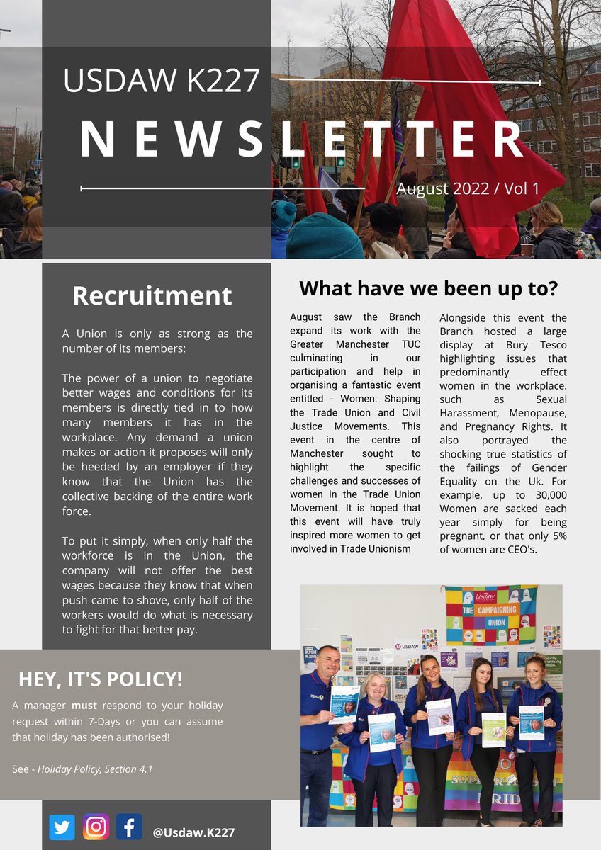 UsdawK227's tweet photo. August Newsletter! 

@UsdawUnion Branch K227 has started a Newsletter to briefly round up what we have been doing each month, as well as other important information we think you might need to know. We hope you enjoy!

#solidarity https://t.co/xZqG3jdqUG