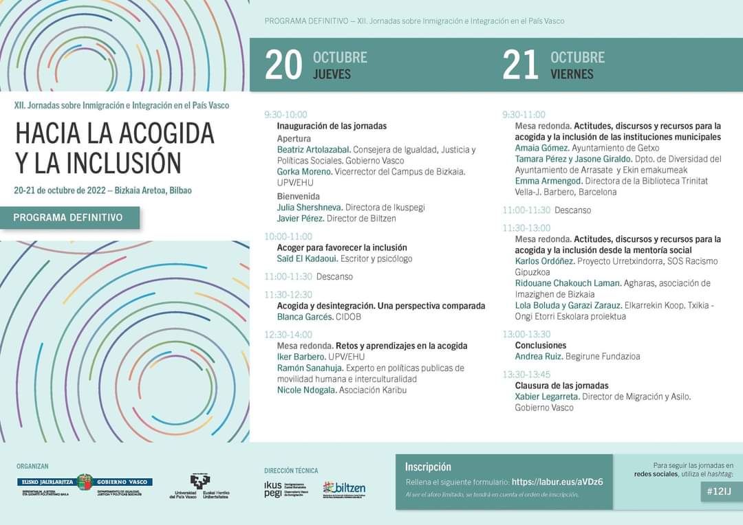 Ostiral honetan, urriaren 21ean, Bilbon izango gara (EHU, Bizkaia Aretoa) Immigrazioa eta integrazioa Euskadin XII. Jardunaldian.  Sos Arrazakeria Gipuzkoarekin eta Agharas Bizkaiko Imazighen elkartearekin batera  "Harrerarako eta inklusiorako jarrerak, diskurtsoak (...)