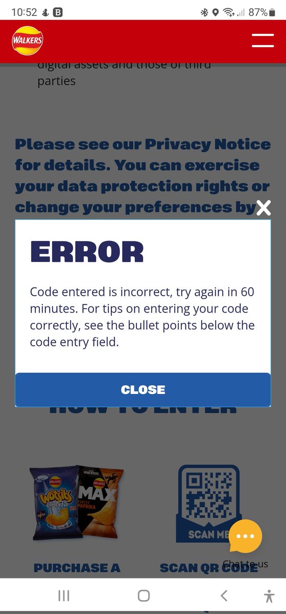 whiteboxwebby's tweet photo. @walkers_crisps everytime I try and enter the code on the packet it gives me this error. I have tried multiple times on different days and I just get the same result. Any ideas? https://t.co/p8xnAs5kuR
