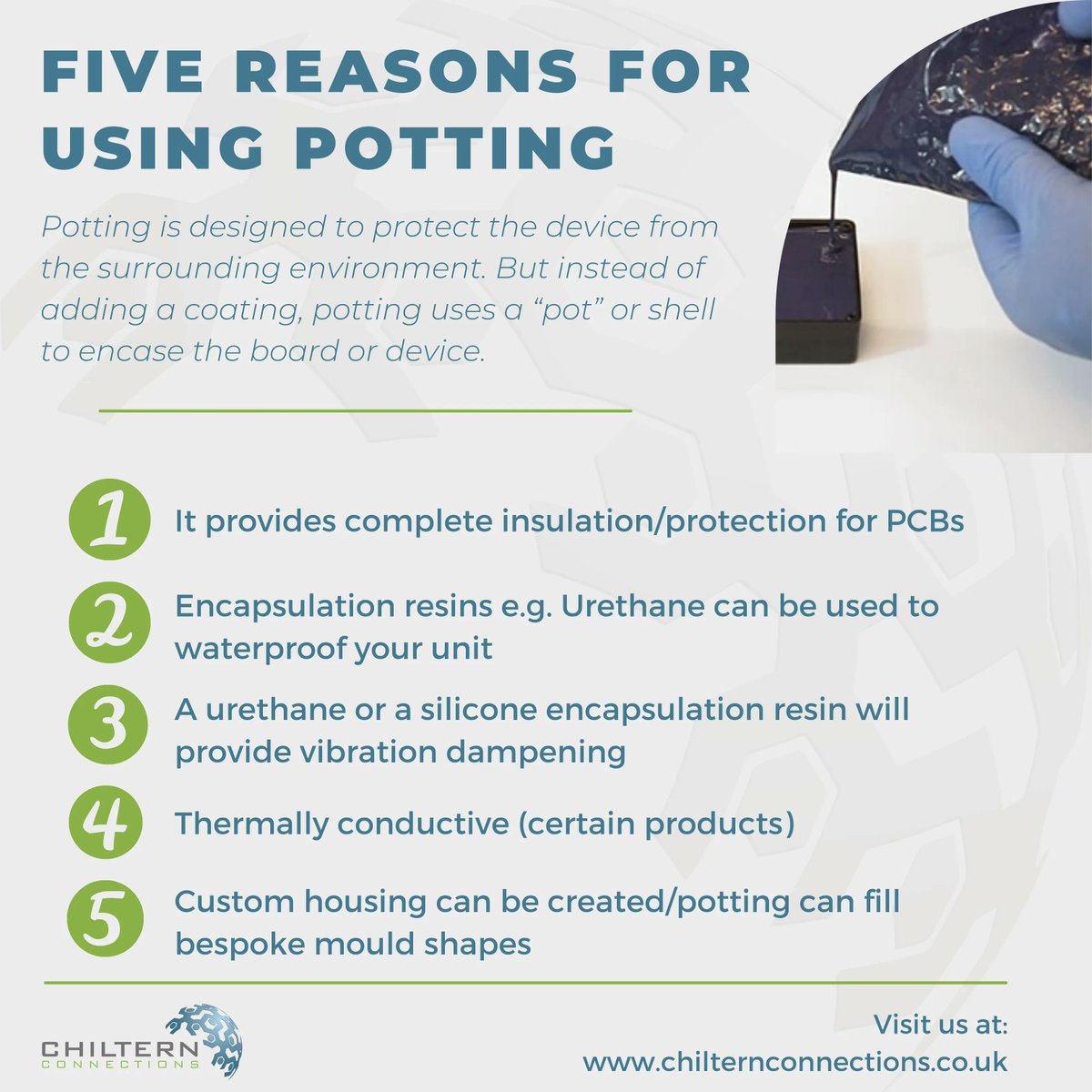 chilternco's tweet photo. Five reasons for using Potting? 💡 
Different potting compounds offer different characteristics, our experienced technical team are happy to discuss which one would best meet your needs! 
Give us a call on 01491 824788 or fill out our contact us form: https://t.co/HpNTwxCBga https://t.co/yBR7aN2y1l