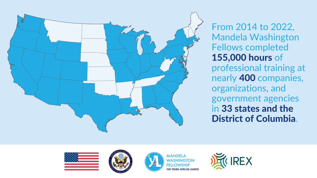WOW! Since 2014, #MandelaFellows have completed 155k hrs of professional training at nearly 400 companies, orgs, and govt agencies in 33 states and DC. That’s about two-thirds of the US. <a href="/exchangealumni/">Exchange Alumni</a> <a href="/ECAatState/">Educational & Cultural Affairs—U.S. Dept. of State</a>