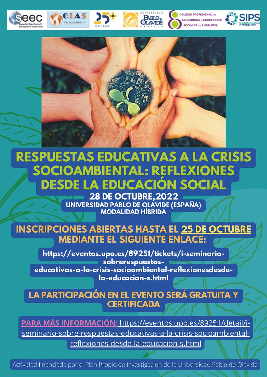 El 28 de octubre nos vemos en este interesantísimo seminario sobre las #RespuestasEducativas frente a la #CrisisSocioambiental, que reúne a cerca de una treintena de especialistas y que, a buen seguro, propiciará enriquecedores encuentros.
#EducaciónAmbiental #EducaciónEcosocial