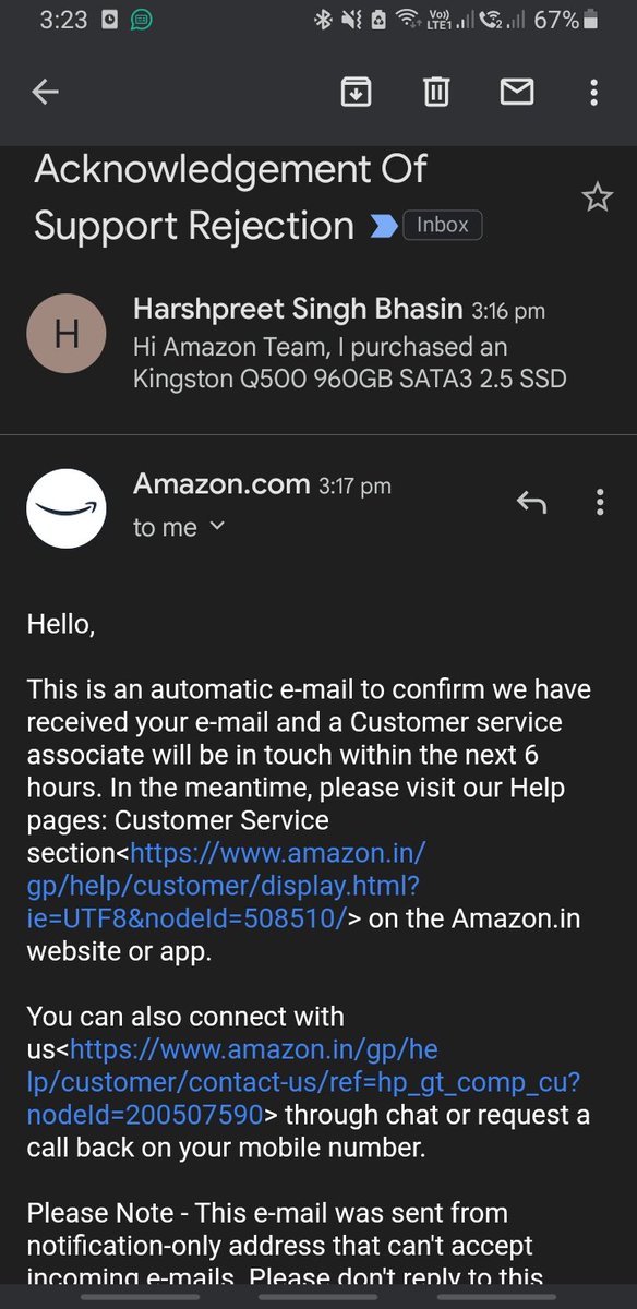 theroamingnerd's tweet photo. At 3:16 I send mail at 3:17 I recieve an Email Amazon Support Person will help you, at 3:18 i recieve another email that this is not customer support email id. Whom to believe now? @amazonIN 1st or 2nd email? @AmazonHelp https://t.co/SnIuyvZNQD