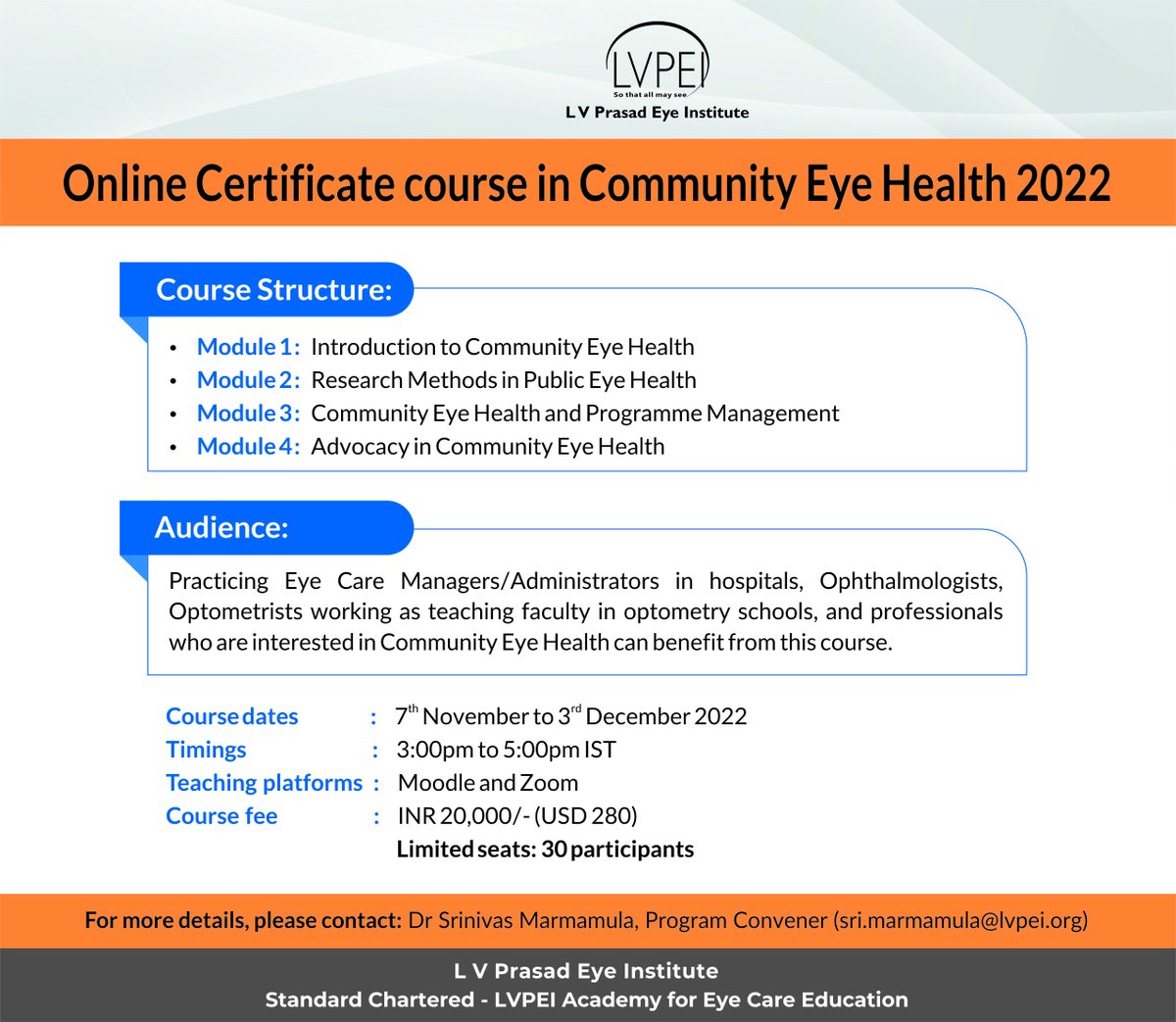 lvprasadeye's tweet photo. 👉Learn the fundamentals of #CommunityEyeHealth in a 4-week online certificate course. 

Program starts on 7th November!

👉Apply now: https://t.co/wXQ4aaUFgV

📧 sri.marmamula@lvpei.org 

#LVPEI #UniversalEyeHealth #EyeHealthResearch #Community #Research #PublicHealth https://t.co/wV7If6qg2h