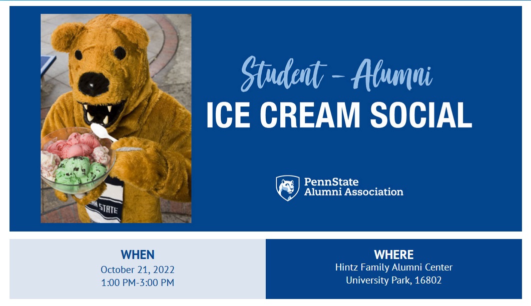 The Penn State Alumni Center is hosting an ice cream social October 21, 2022, 1 - 3 PM at the Hintz Family Alumni Center on University Park campus. The event is free and open to anyone. For more information and to register for some sweet stuff, go to web.cvent.com/event/c523befb…