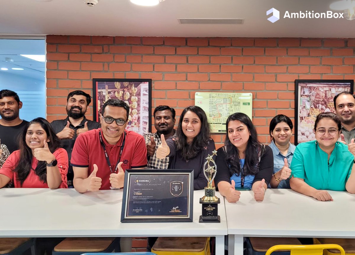 Congratulations to <a href="/udaandotcom/">udaan</a> on winning the AmbitionBox #BestPlacesToWork in India Award 2022🔥🔥

They ranked among the top 25 companies in the tech startups category.

#employeefirst #ambitionbox #ambitionboxbestplacestoworkawards2022