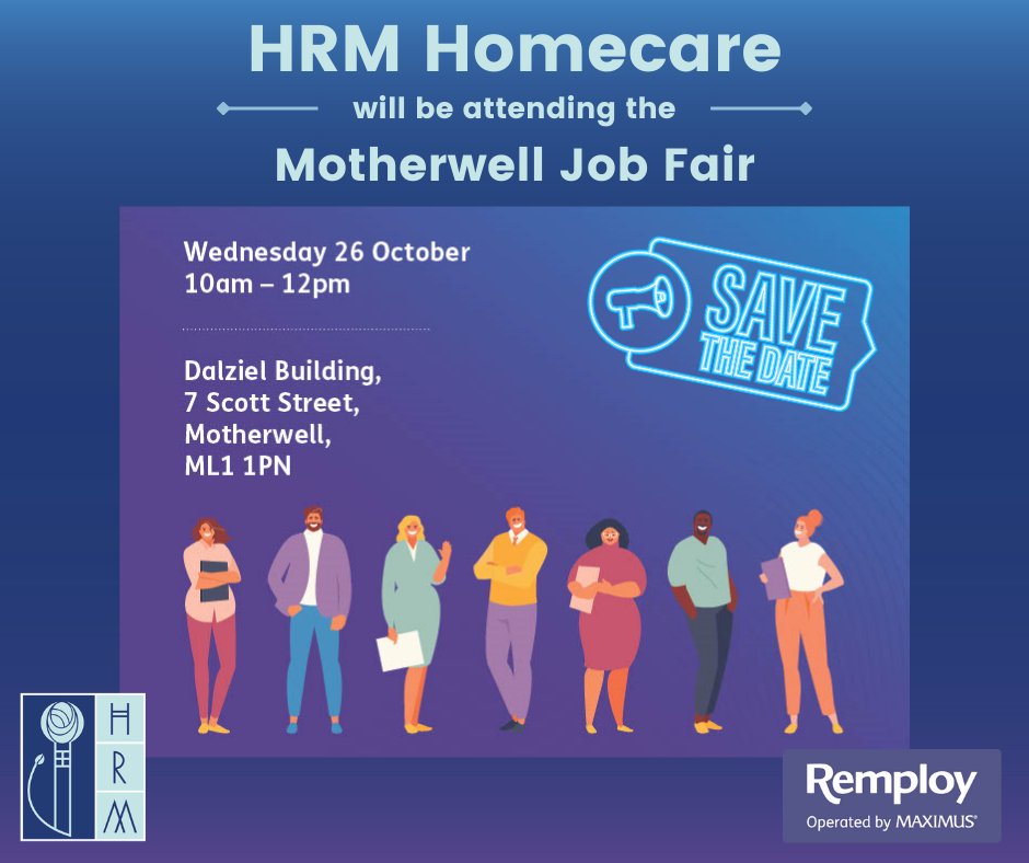 A week today we'll be at the #Motherwell #JobFair talking about roles at #HRM #Homecare and a #CareerInCare 📅 Wednesday 26th October 📍 Dalziel Building, 7 Scott Street, Motherwell, ML1 1PN 🕙 10am - 12pm #WeCare #CareAboutCare #ShineALight #Recruiting #Hiring #Joinus