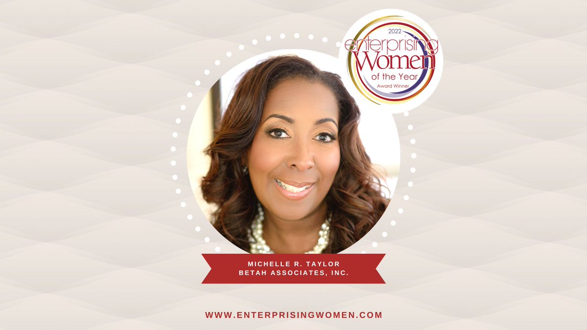 Congratulations to 2022 Enterprising Women of the Year Award Winner Michelle R. Taylor, President and CEO of BETAH Associates, Inc

Read more ➡️ enterprisingwomen.com

#enterprisingwomen #ewawards2022 #MichelleTaylor #BETAHAssociates