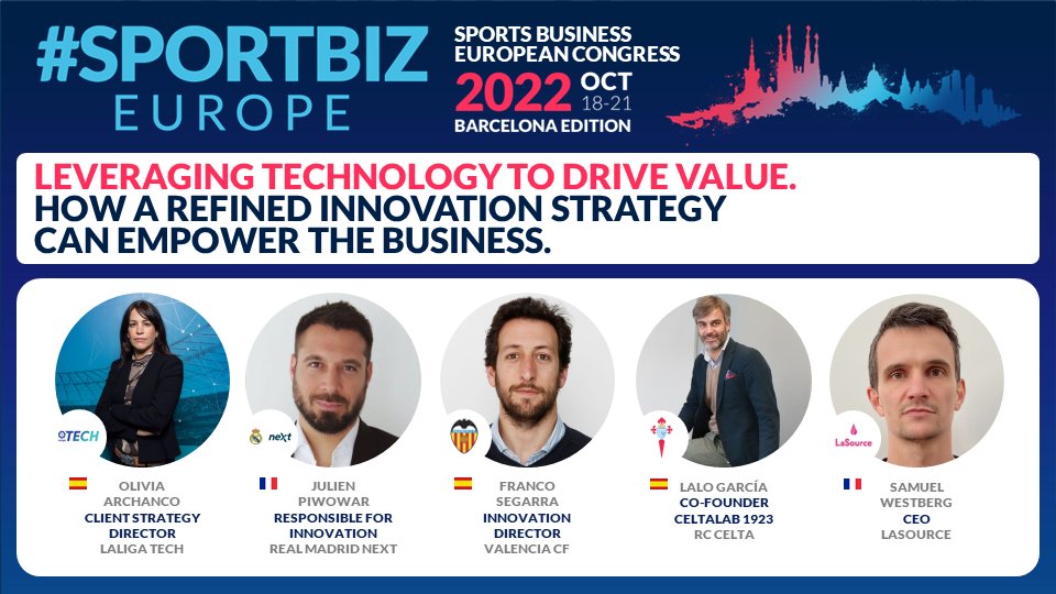 Next at #SPORTBIZEUROPE: “Leveraging technology to drive value” . Join us for the panel with: Olivia Archanco - <a href="/LaLigaTech/">La liga Tech</a>; Julien Piwowar - <a href="/RealMadridNext/">Real Madrid Next</a>; Franco Segarra - <a href="/valenciacf/">Valencia CF</a>; Lalo Garcia Torres - <a href="/RCCelta/">Celta</a> and <a href="/samuelwestberg/">westberg samuel</a> - <a href="/LaSource_io/">LaSource</a>