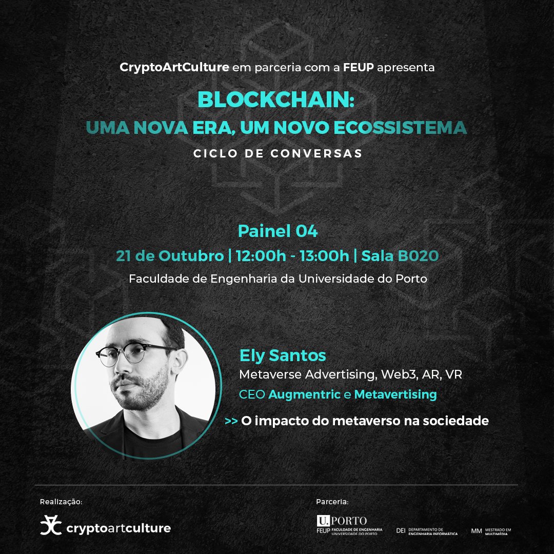 CryptoArtCult's tweet photo. @feup_porto and @CryptoArtCult with @meta_ely CEO at @augmentric  and @Metavertising >>> Find out all about the event and keep up to date... 👉 Follow our page! @CryptoArtCult https://t.co/qkO8u6poDX