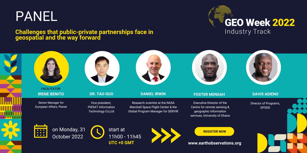 ZASpace_Inc's tweet image. An insightful panel facilitated by Irene Benito will tackle the challenges #PPPs face in #geospatial and the way forward.  

Don&apos;t miss out! register today: earthobservations.org/geoweek2022.php

#GEOWeek22Industry #Earthobservation #GEOWeek2022