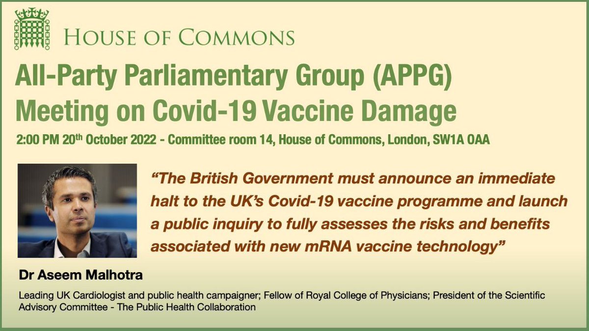 Christopher Chope's new All-Party Parliamentary Group on Covid-19 Vaccine Damage is hosting Aseem Malhotra at an event in the Palace of Westminster tomorrow.

Images posted on social media suggest Malhotra will use the event to call for a complete halt to covid vaccinations. 🤨