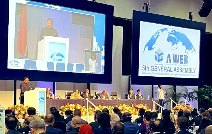 CEC Shri Rajiv Kumar while delivering his key note address as Chairperson AWEB recalled contributions of Father of our Nation Mahatma Gandhi ji & great leader Mr. Nelson Mandela at the opening ceremony of 5th General Assembly of AWEB, an association of 120 EMBs, at Capetown, SA.