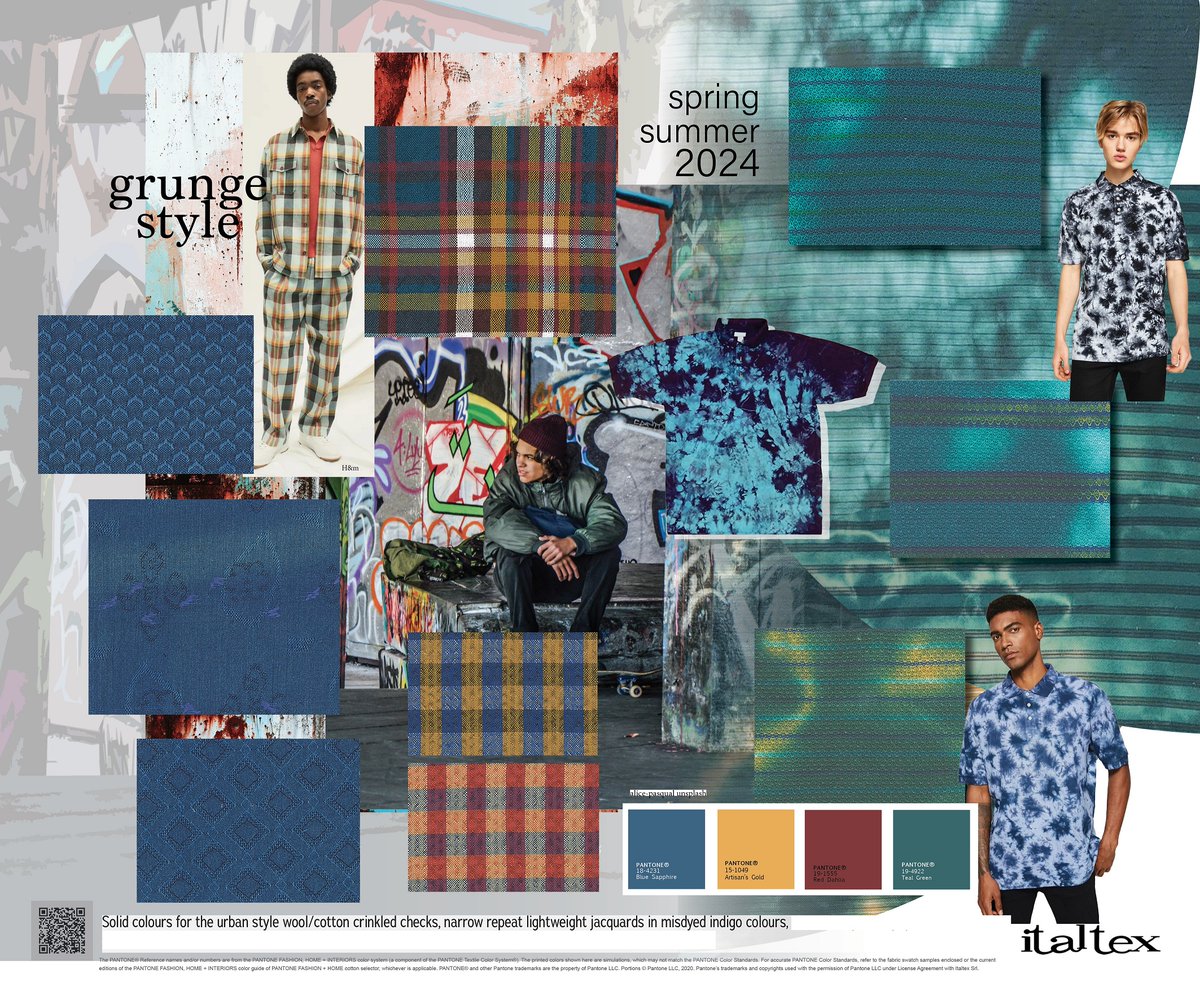 Solid #colors for the urban style wool/cotton crinkled checks, narrow repeat lightweight jacquards in mis-dyed indigo colours - from the Italtex #fabric and color #fashion #trend #forecast Menswear Colour and Fabric Trends Spring/Summer 2024 #grungestyle italtextrends.com/collections/me…