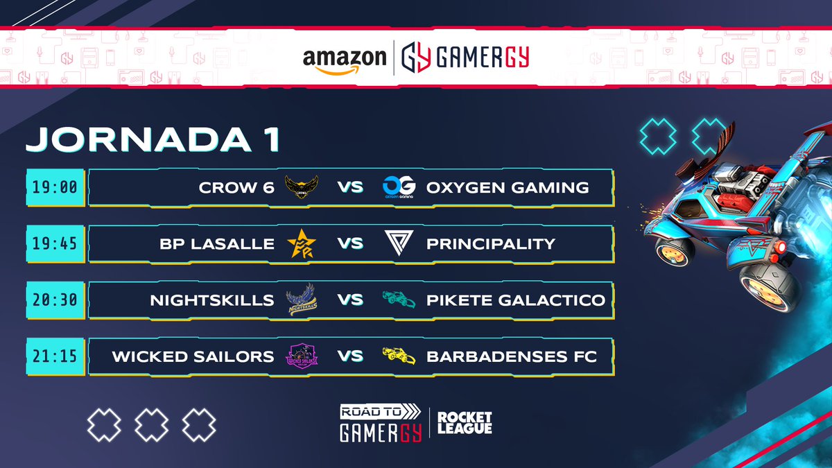 GAMERGY's tweet photo. ¡Hoy arranca la Jornada 1 del #RoadtoGamergy Rocket League! Estrenamos la liga con estos partidos:

🔹@Crow6_Esports vs @GamingOxygen
🔹@BPLaSalle vs @Principality_es
🔹@NightskillsE vs #PiketeGalactico
🔹@WickedSailors vs @BarbadensesFC

A las 19:00h en https://t.co/149yMAPi7C https://t.co/oz6W9XIUxD