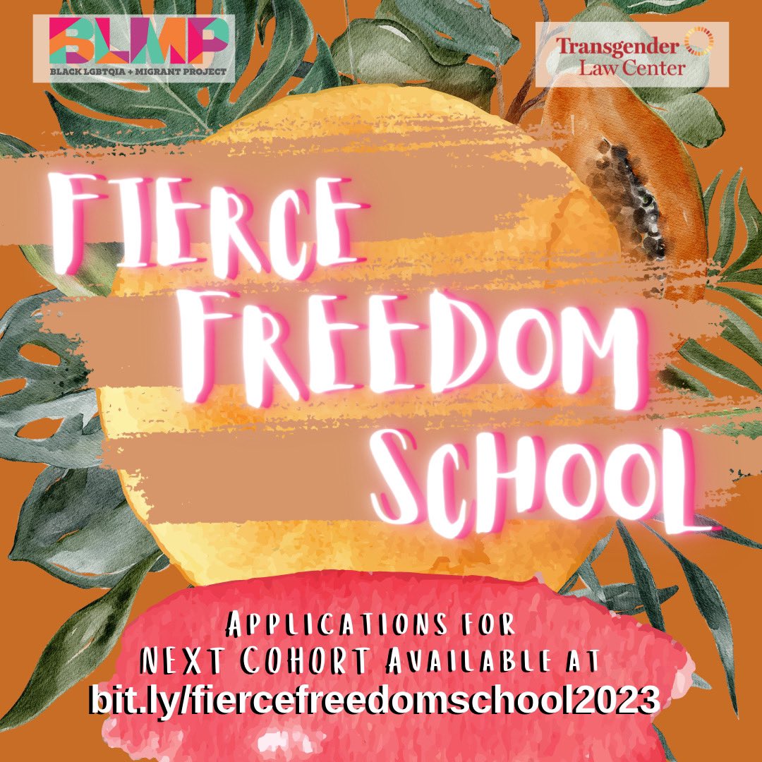 TransLawCenter's tweet photo. TLC + @officialblmp are excited to announce applications for Fierce Freedom School Cohort 3 is OPEN! Deadline: October 28, 2022.

The Fierce Freedom School empowers the leadership of Black trans women and nonbinary trans femmes. https://t.co/X5zGN2vMWy https://t.co/2RNhT2ja2t