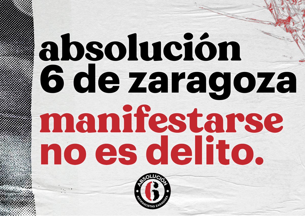 Libertad6Zgz's tweet photo. 💥Nace a nivel estatal la plataforma "Absolución 6 de Zaragoza"

👥Por el derecho a manifestación y por las libertades democráticas, apoya la absolución de 6 jóvenes condenados sin pruebas a 7 años de prisión por manifestarse ante un mitin de Vox👇🏾

#Absolución6deZaragoza https://t.co/usDWAOq9VZ