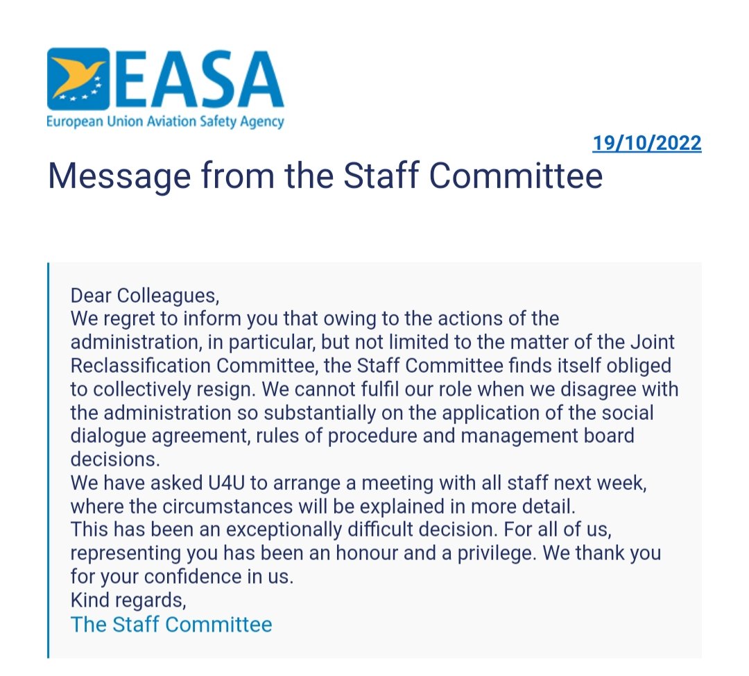MBernacconi's tweet photo. The in-mass resignation of the #EASA #StaffCommittee sets a very disturbing precedent for the health of #socialdialogue in the #Europeanpublicservice. All my (personal and on behalf of the #EUROCONTROL Central Staff Committee) heartfelt solidarity to our EASA colleagues. https://t.co/lrXSw0IEGD