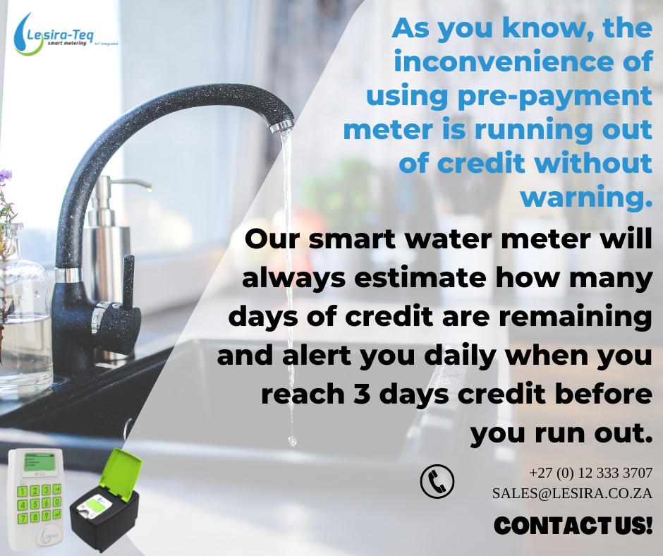 Our smart water meter will always estimate how many days of credit are remaining so you never run out of water without a warning.

lesira.co.za

#smartwatermeter #iot #watermeter #smartmetering