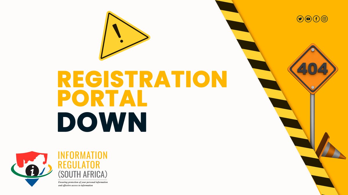 InforegulatorSA's tweet photo. 🚨 🚨: The Information Officers' registration portal is currently down. Our ICT team is working to resolve this issue. We apologise for the inconvenience caused. https://t.co/FgD0Rg1Pif