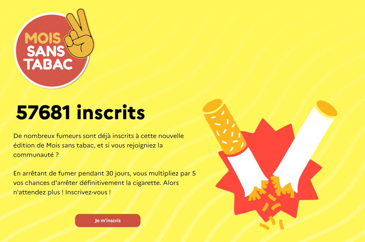💡#moissanstabac revient en novembre ! En arrêtant de fumer pendant 3⃣0⃣ jrs, vous multipliez par 5⃣ vos chances d'arrêter définitivement la cigarette. Inscrivez-vous, rejoignez la communauté &amp; bénéficiez de l'aide d'un professionnel et de votre kit d'aide mois-sans-tabac.tabac-info-service.fr