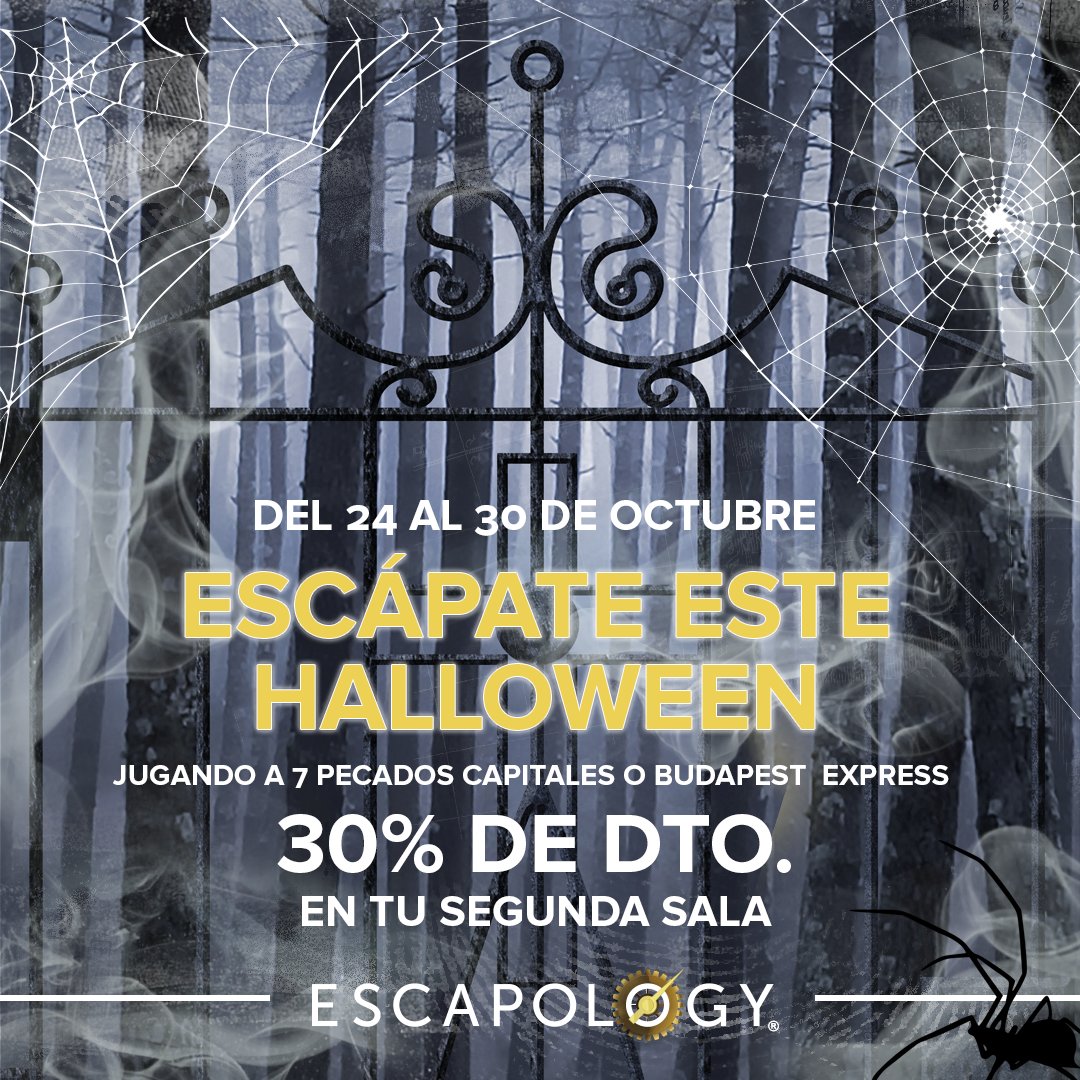 EscapologyL's tweet photo. ¡𝗘𝘀𝘁𝗮𝗺𝗼𝘀 𝗹𝗶𝘀𝘁𝗼𝘀 𝗽𝗮𝗿𝗮 𝗰𝗲𝗹𝗲𝗯𝗿𝗮𝗿 #Halloween! 🎃🎃Si vienes a disfrutar de una de nuestras salas y eliges 7 Pecados ☠️ o Budapest Express 🚂 𝗹𝗮 𝗿𝗲𝘀𝗲𝗿𝘃𝗮 𝗱𝗲 𝘁𝘂 𝟮ª 𝘀𝗮𝗹𝗮 𝘁𝗲𝗻𝗱𝗿𝗮́ 𝘂𝗻 𝟯𝟬% 𝗱𝗲 𝗱𝗲𝘀𝗰𝘂𝗲𝗻𝘁𝗼.
 https://t.co/veoeDkFzFC https://t.co/AOnI8yKolZ