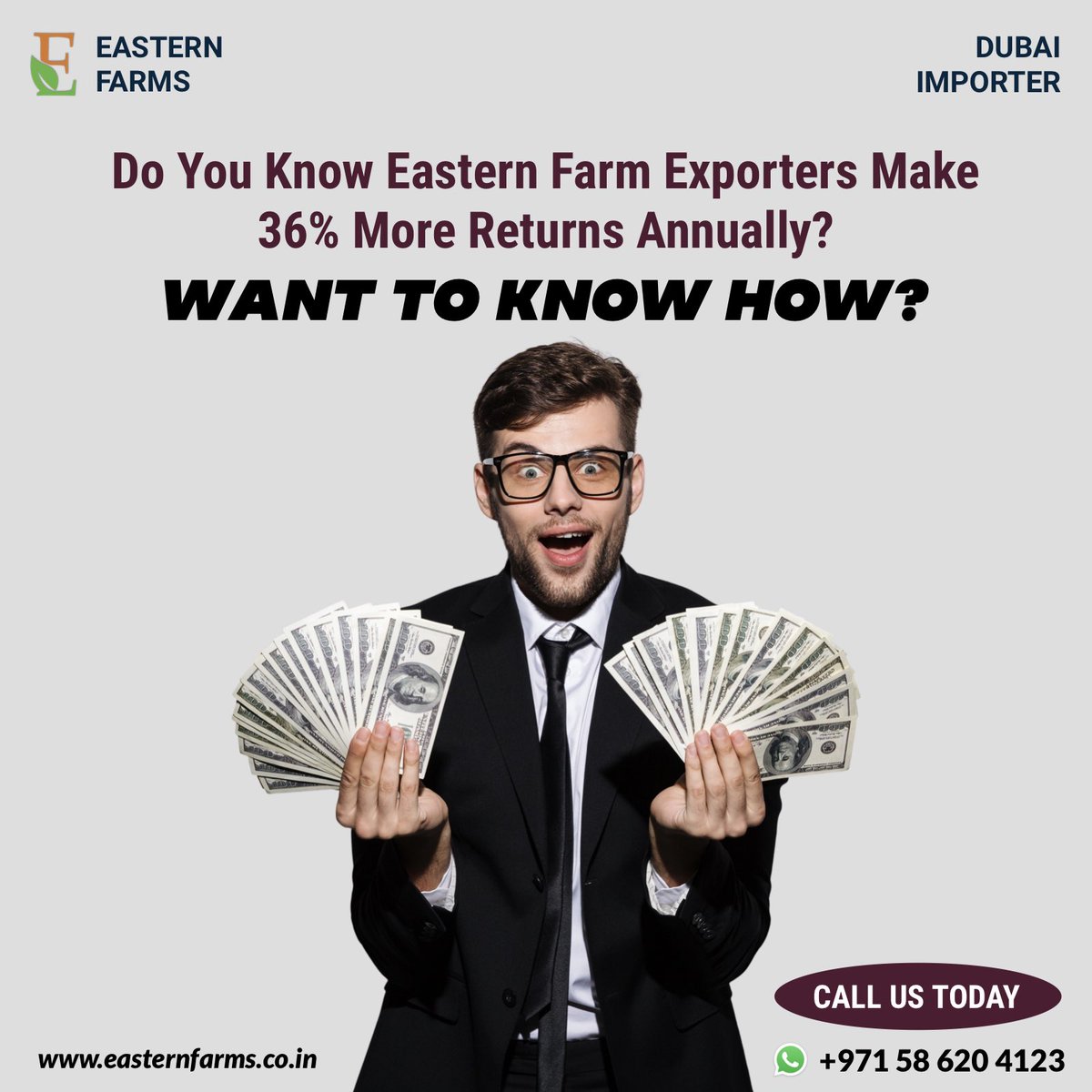 Do you know?

Eastern Farms Exporters Earn upto 36% More Returns Annually.✅

easternfarms.co.in

Mobile: +971 58 620 4123
E-mail: purchasedept@easternfarms.co.in

#investment #exports #business #fruits #vegetables #trade #international #greatreturns #easternfarms #dubai