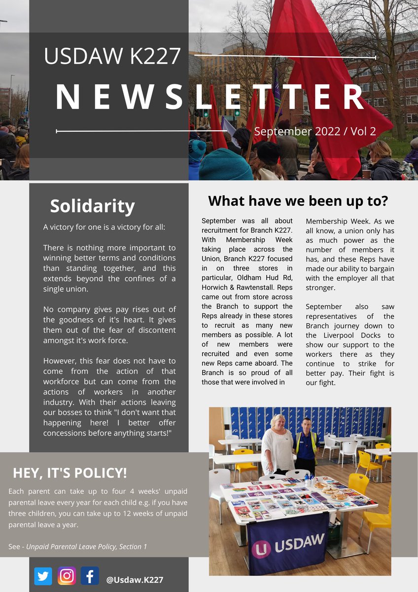 UsdawK227's tweet photo. September Newsletter! 

Thank you to all the Reps involved in @UsdawUnion Membership Week over September! 

Solidarity also to our new friends made at the #LiverpoolDocks last month, we are behind you all the way! 

#JoinAUnion #solidarity https://t.co/DX1n6i3NVI